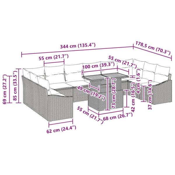 11-teiliges Garten Esstischset mit Kissen Schwarz Poly Rattan Akazie