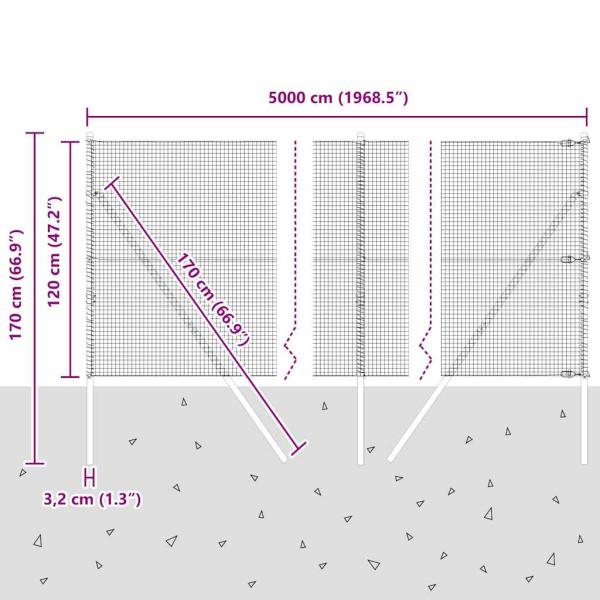 Geschweißter Drahtzaun mit 13 Pfosten 1,2 x 50 m Feuerverzinkter Stahl