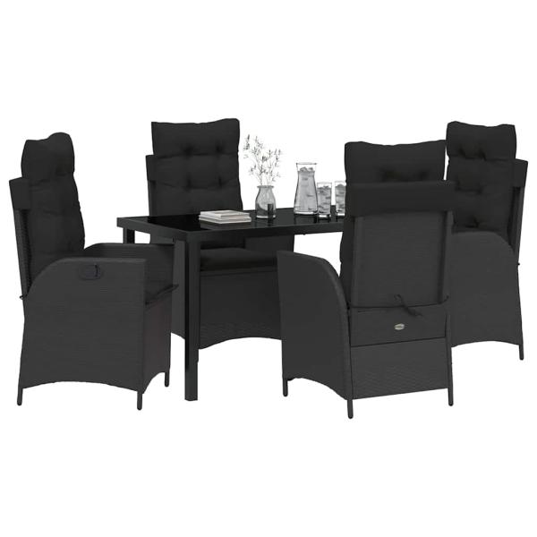 5-teiliges Garten-Esszimmer-Set mit Kissen Schwarz Poly Rattan