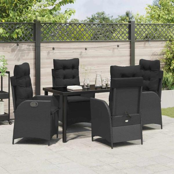 5-teiliges Garten-Esszimmer-Set mit Kissen Schwarz Poly Rattan