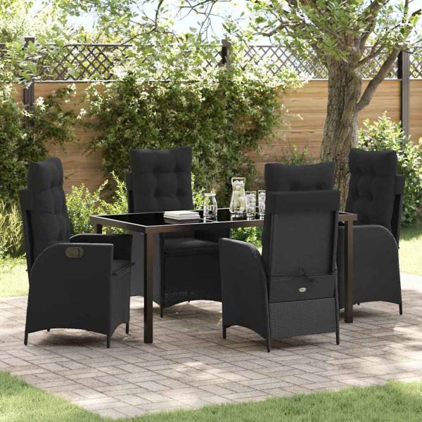 ARDEBO.de - 5-tlg. Garten-Esstischset mit Kissen Schwarz Poly Rattan