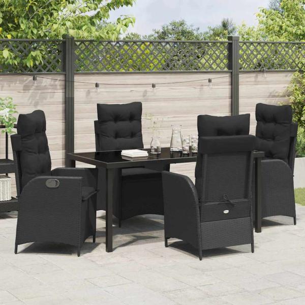 5-tlg. Garten-Esstischset mit Kissen Schwarz Poly Rattan