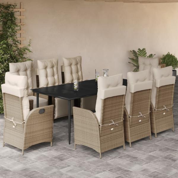 ARDEBO.de - 9-tlg. Garten-Essgruppe mit Kissen Beige Poly Rattan