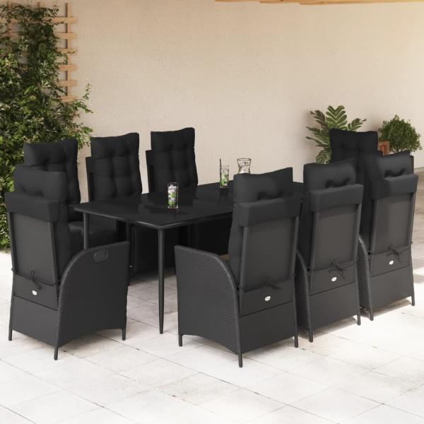 ARDEBO.de - 9-tlg. Garten-Essgruppe mit Kissen Schwarz Poly Rattan