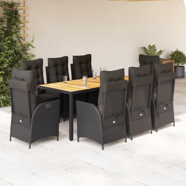 ARDEBO.de - 9-tlg. Garten-Essgruppe mit Kissen Schwarz Poly Rattan