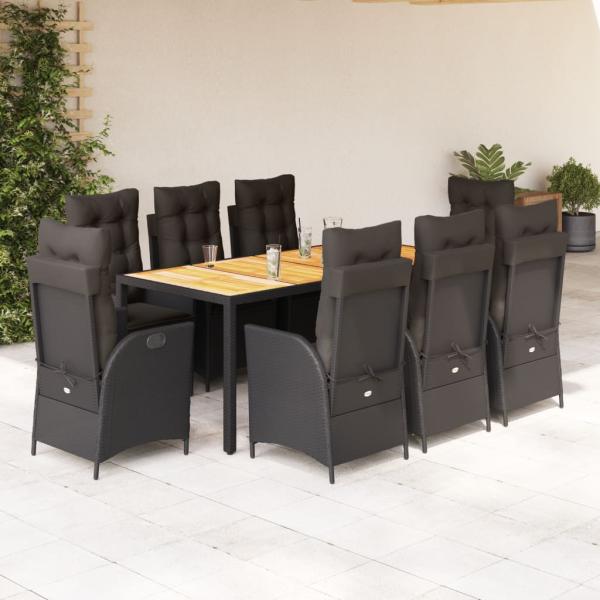 ARDEBO.de - 9-tlg. Garten-Essgruppe mit Kissen Schwarz Poly Rattan
