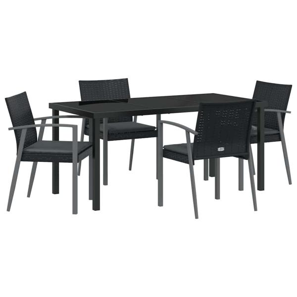 5-teiliges Garten-Dining-Set mit Kissen Schwarz Poly-Rattan