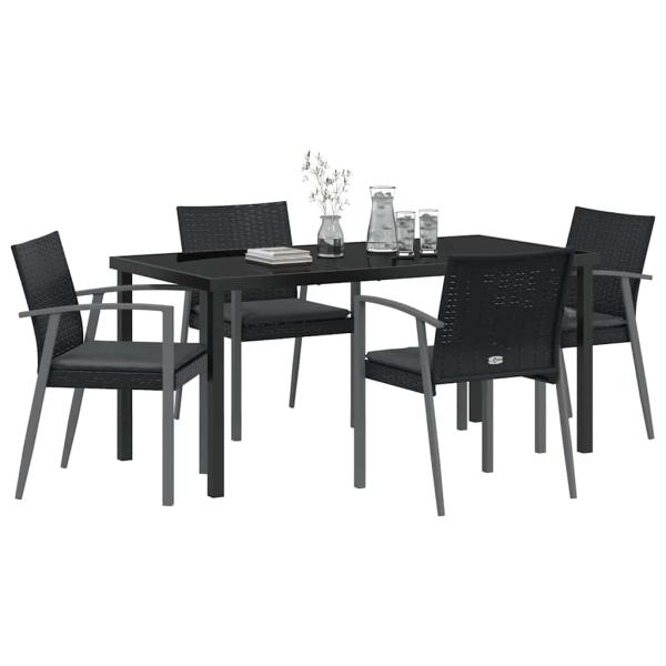 5-teiliges Garten-Dining-Set mit Kissen Schwarz Poly-Rattan