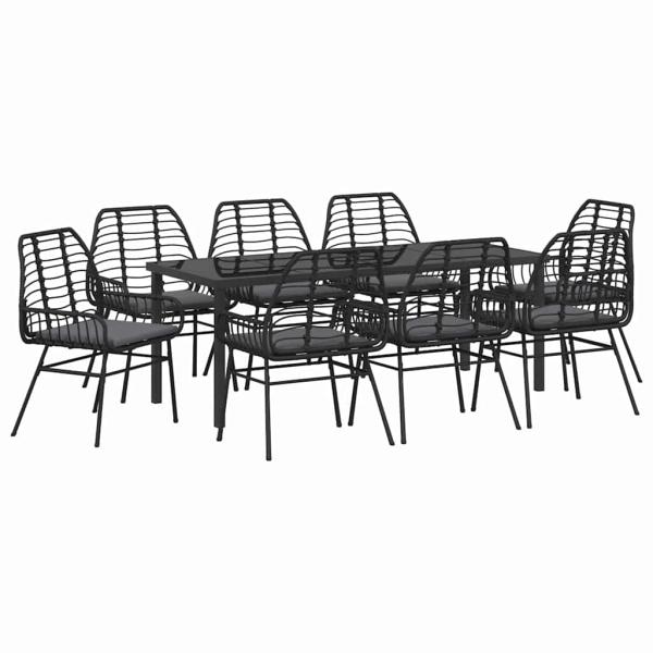 ARDEBO.de - 9-teiliges Garten-Essgruppen-Set mit Kissen Schwarz Poly Rattan