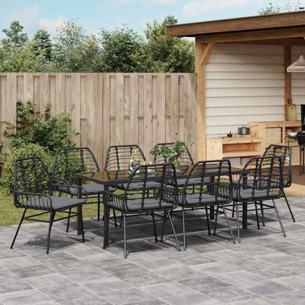 9-teiliges Garten-Essgruppen-Set mit Kissen Schwarz Poly Rattan
