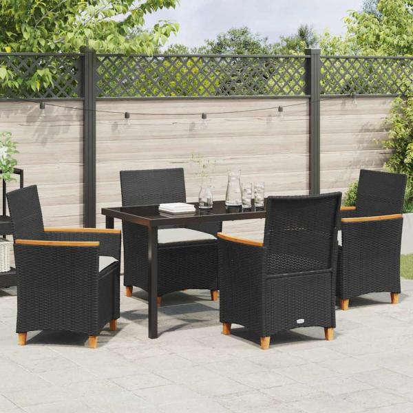 5-teiliges Garten-Ess-Set mit Kissen Schwarz Poly-Rattan