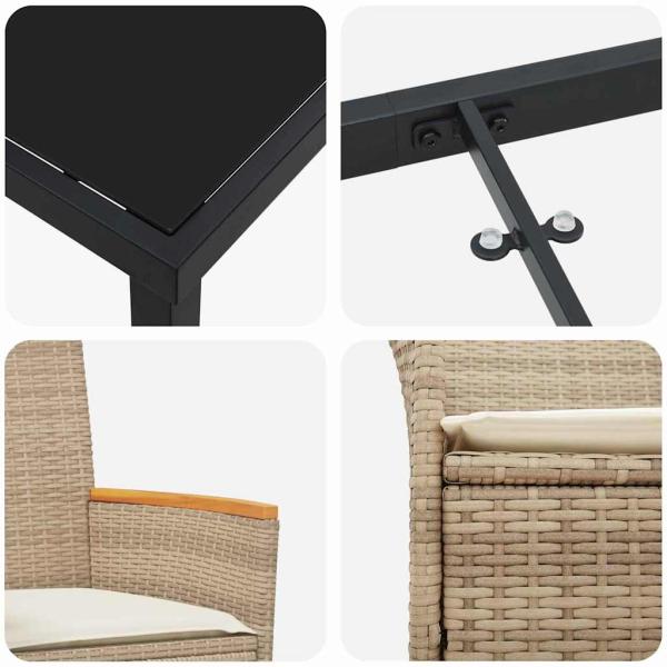 3-teiliges Garten Esstisch Set mit Kissen Beige Poly Rattan