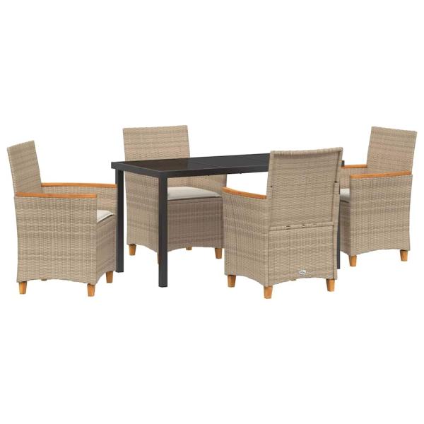 5-teiliges Garten-Ess-Set mit Kissen Beige Poly-Rattan