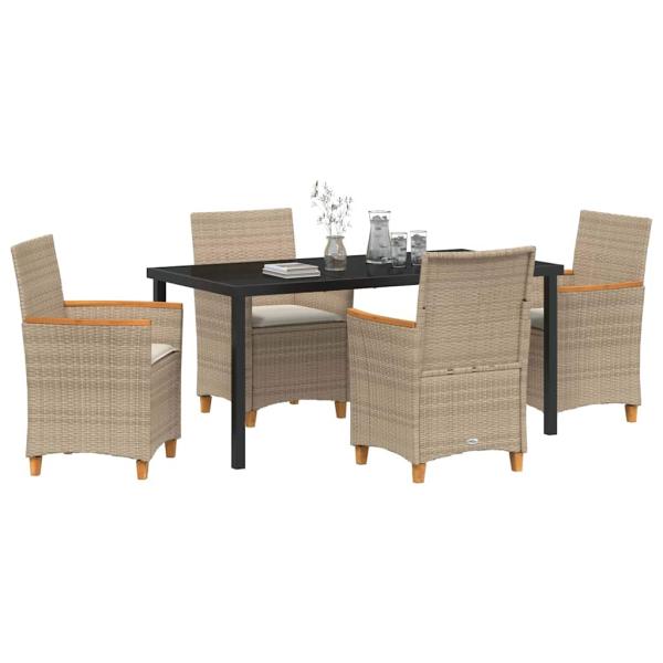 5-teiliges Garten-Ess-Set mit Kissen Beige Poly-Rattan