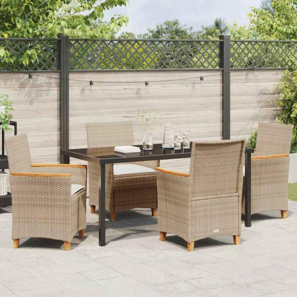 5-teiliges Garten-Ess-Set mit Kissen Beige Poly-Rattan