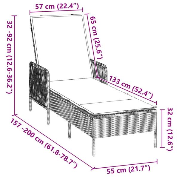 Sonnenliege Grau und Dunkelgrau PE Rattan 157 x 55 x 92 cm