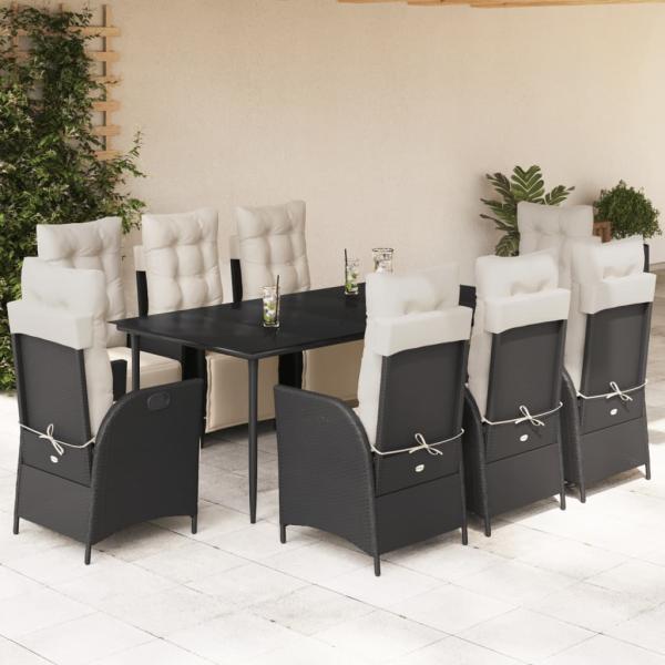 ARDEBO.de - 9-tlg. Garten-Essgruppe mit Kissen Schwarz Poly Rattan