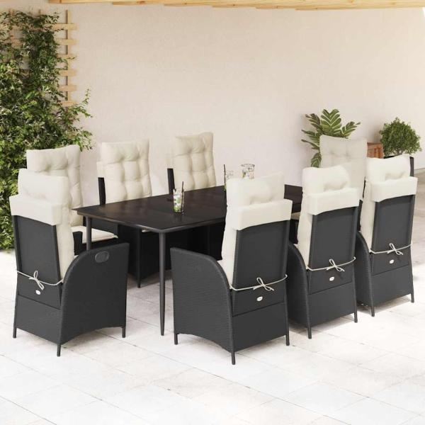 ARDEBO.de - 9-tlg. Garten-Essgruppe mit Kissen Schwarz Poly Rattan