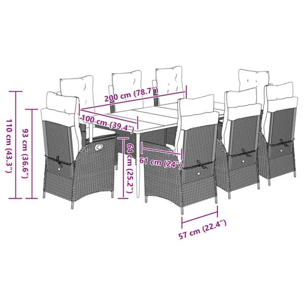 9-tlg. Garten-Essgruppe mit Kissen Schwarz Poly Rattan