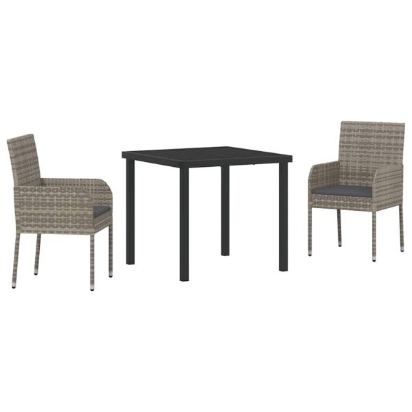 3-teiliges Garten-Dining-Set mit Kissen Grau Poly Rattan