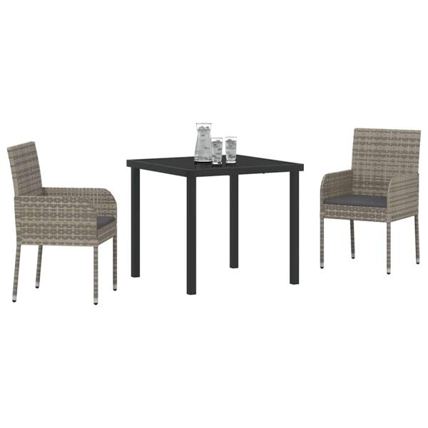 3-teiliges Garten-Dining-Set mit Kissen Grau Poly Rattan
