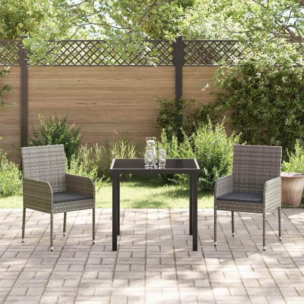 3-teiliges Garten-Dining-Set mit Kissen Grau Poly Rattan