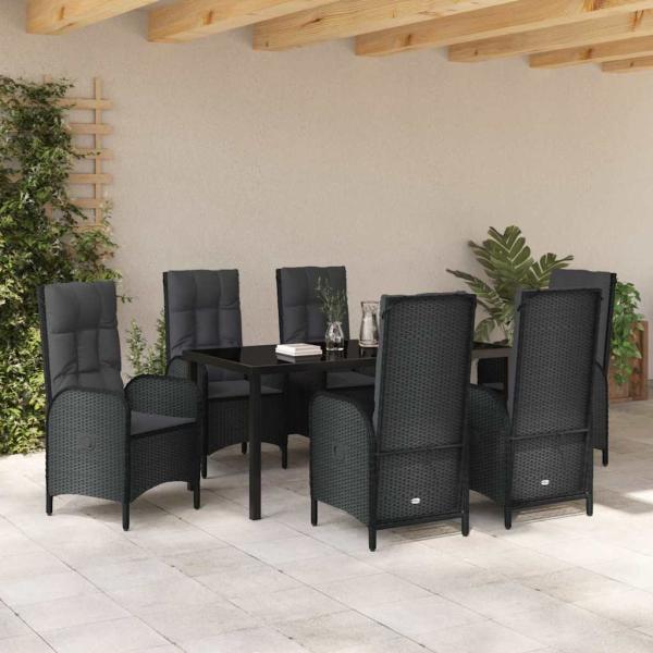 7-teiliges Garten-Essenset Schwarz Poly Rattan