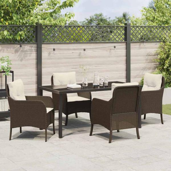5-teiliger Garten-Ess-Set mit Kissen Braun Poly Rattan