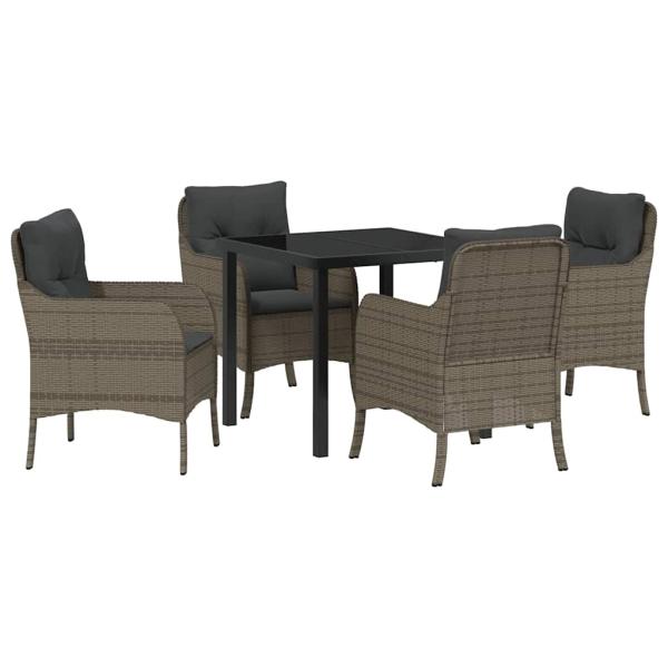5-teiliges Garten-Dining-Set mit Kissen in Grau aus Poly-Rattan