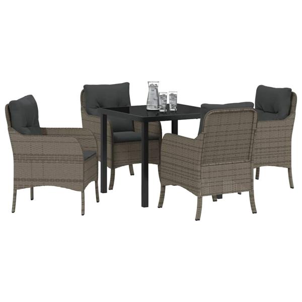 5-teiliges Garten-Dining-Set mit Kissen in Grau aus Poly-Rattan