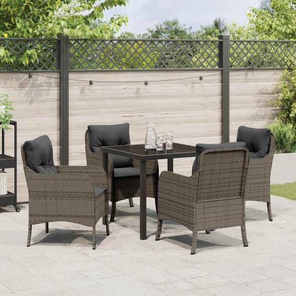 5-teiliges Garten-Dining-Set mit Kissen in Grau aus Poly-Rattan