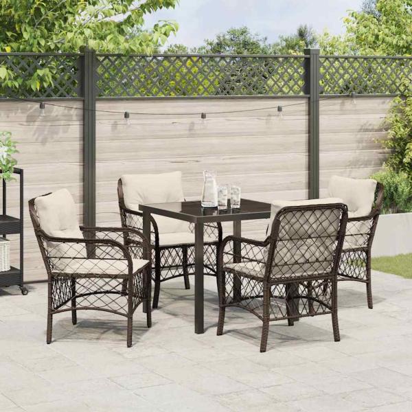 5-teiliges Garten-Essgruppen-Set mit Kissen, braunes Poly-Rattan