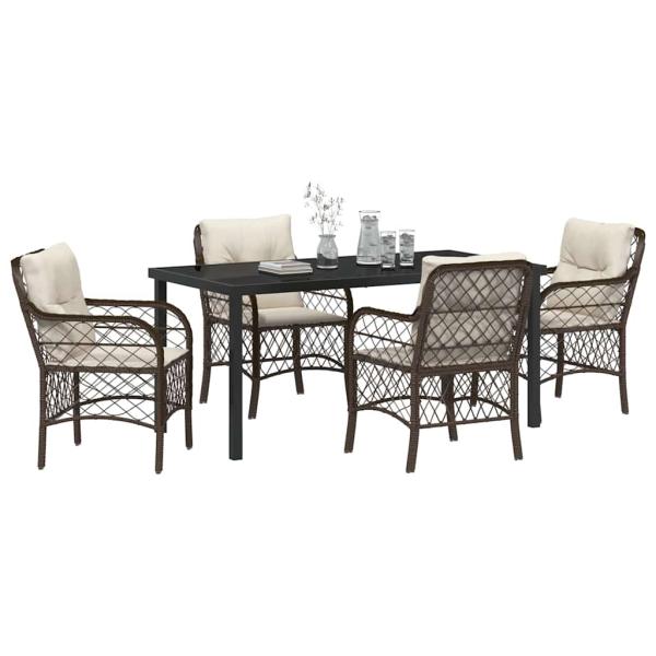 5-Teiliges Garten Essset mit Kissen Braun Poly-Rattan