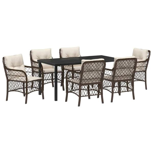 7-teiliges Gartentisch-Set mit Kissen Braunes Poly-Rattan