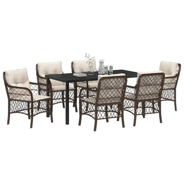 7-teiliges Gartentisch-Set mit Kissen Braunes Poly-Rattan