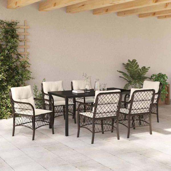 7-teiliges Gartentisch-Set mit Kissen Braunes Poly-Rattan