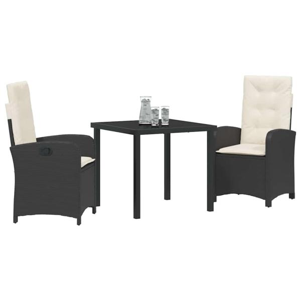 3-teiliges Garten-Essenset mit Kissen Schwarz Poly-Rattan