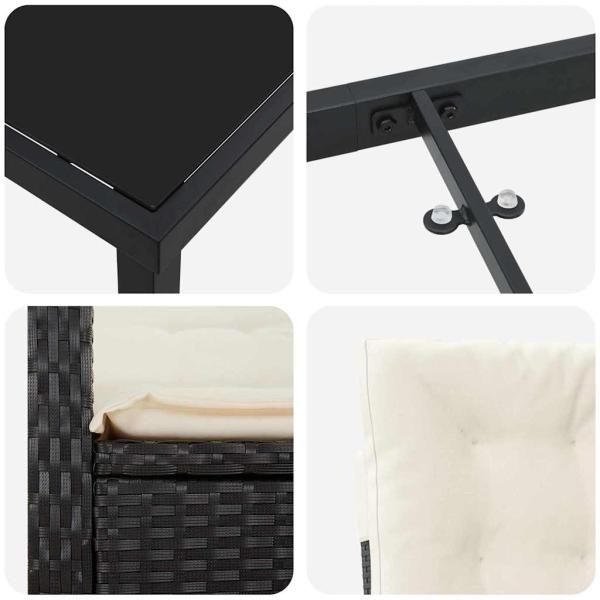 3-teiliges Garten-Essenset mit Kissen Schwarz Poly-Rattan