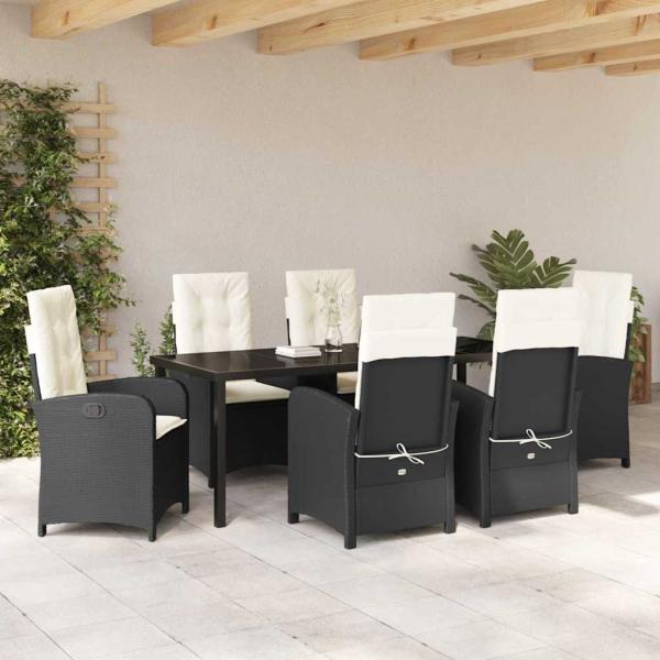 7-teiliges Garten-Essbereich-Set mit Kissen Schwarz Poly Rattan