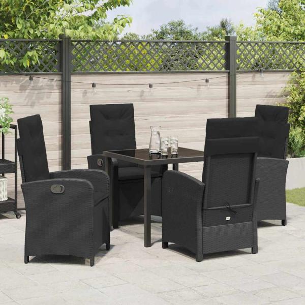 5-teiliges Gartentisch-Set mit Kissen Schwarz Poly-Rattan