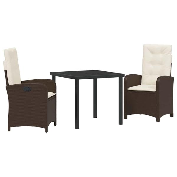 3-teiliges Garten-Dining-Set mit Kissen - Braunes Poly-Rattan