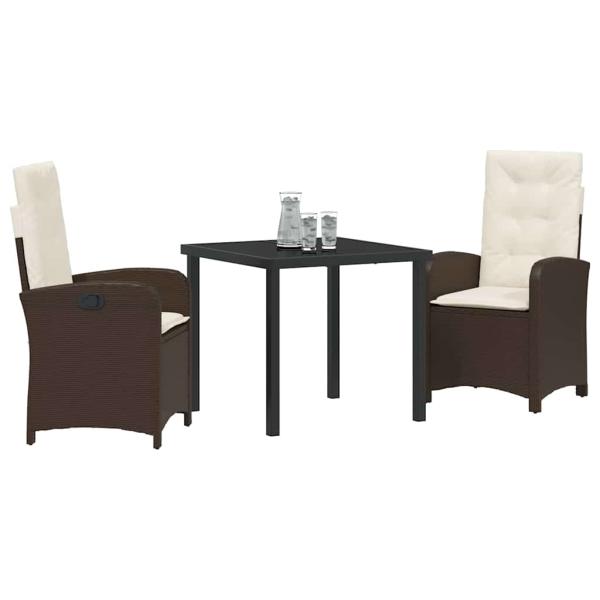 3-teiliges Garten-Dining-Set mit Kissen - Braunes Poly-Rattan