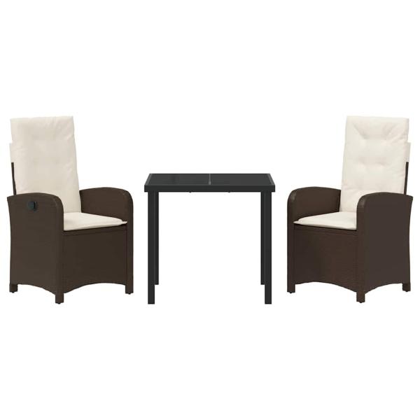 3-teiliges Garten-Dining-Set mit Kissen - Braunes Poly-Rattan