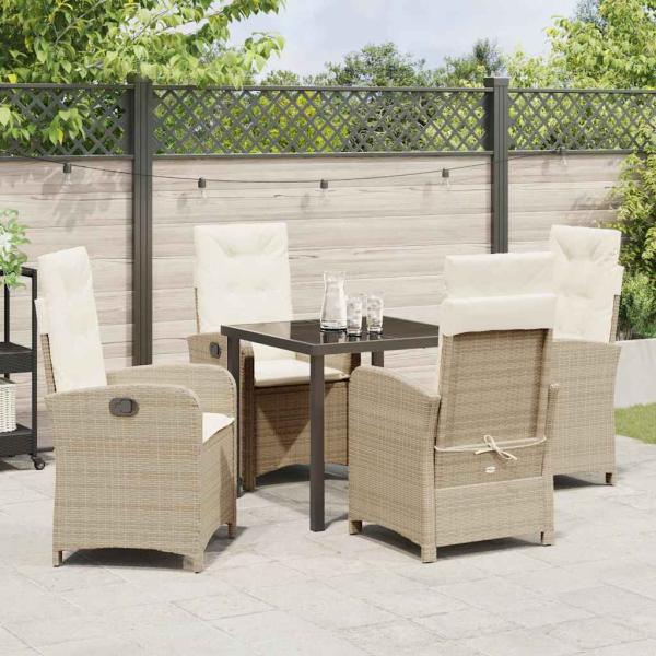 5-teiliges Garten-Esszimmer-Set mit Kissen Beige Poly-Rattan.