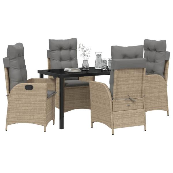 5-teiliges Garten-Esszimmer-Set mit Kissen Beige Poly-Rattan