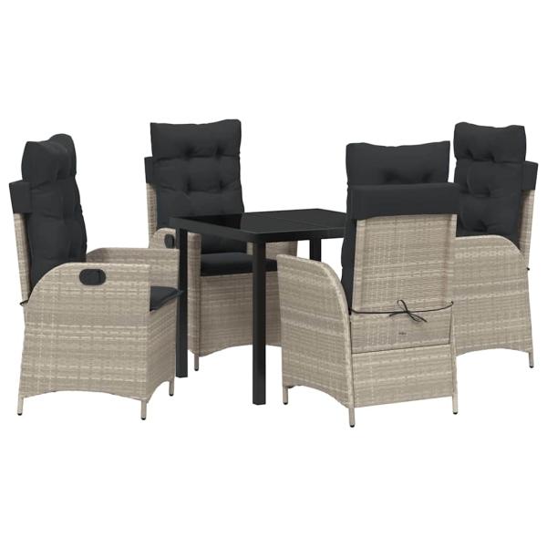 5-teiliges Garten-Esstisch-Set mit Kissen Hellgrau Poly-Rattan