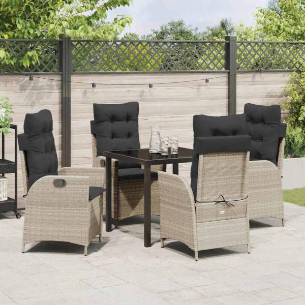 5-teiliges Garten-Esstisch-Set mit Kissen Hellgrau Poly-Rattan