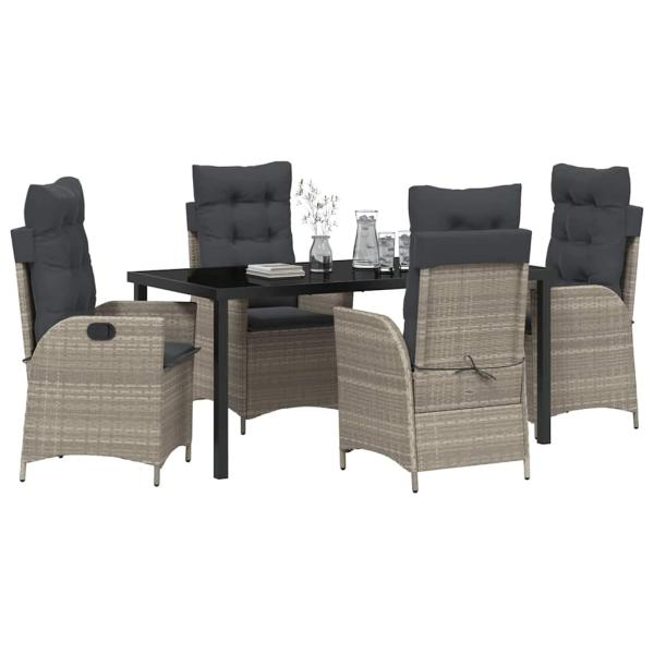 5-teiliges Garten-Dining-Set mit Kissen, Hellgrau, Poly-Rattan