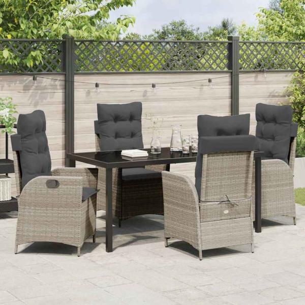 5-teiliges Garten-Dining-Set mit Kissen, Hellgrau, Poly-Rattan