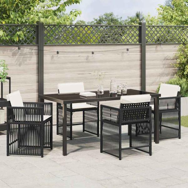 5-teiliges Garten Essset mit Kissen Schwarz Poly-Rattan